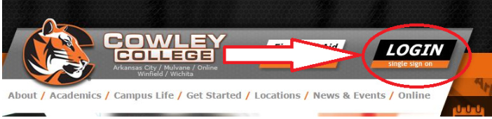 Cowley College web page with arrow indicating Login button
